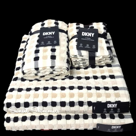 DKNY 8Pc 2 Bath 2 Hand 4 Washcloth TAN BLACK WHITE Gingham Check Towel Set NEW - Picture 10 of 10